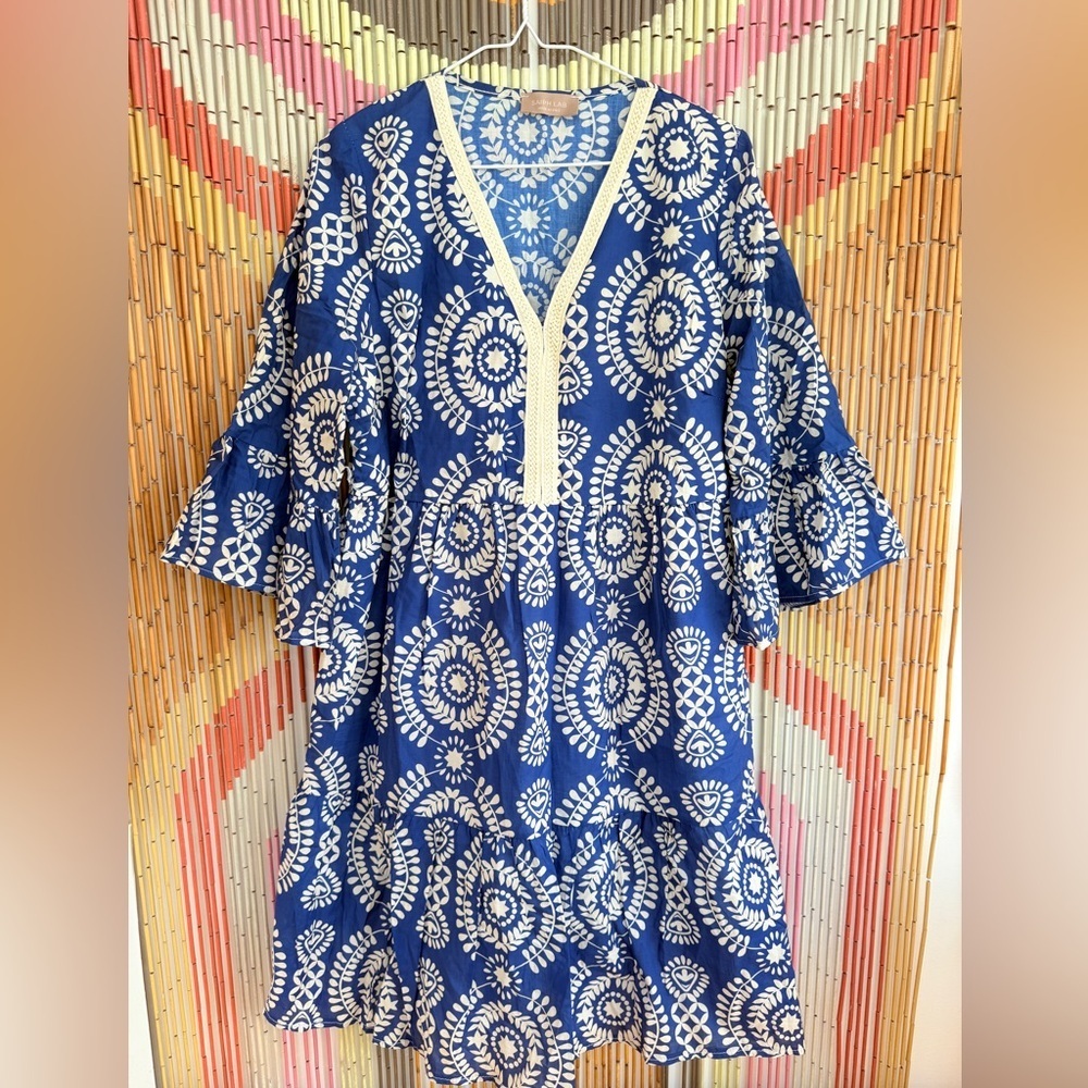 Saiph Lab Made in Italy Blue White Boho Resort Style Patterned Kaftan Dress